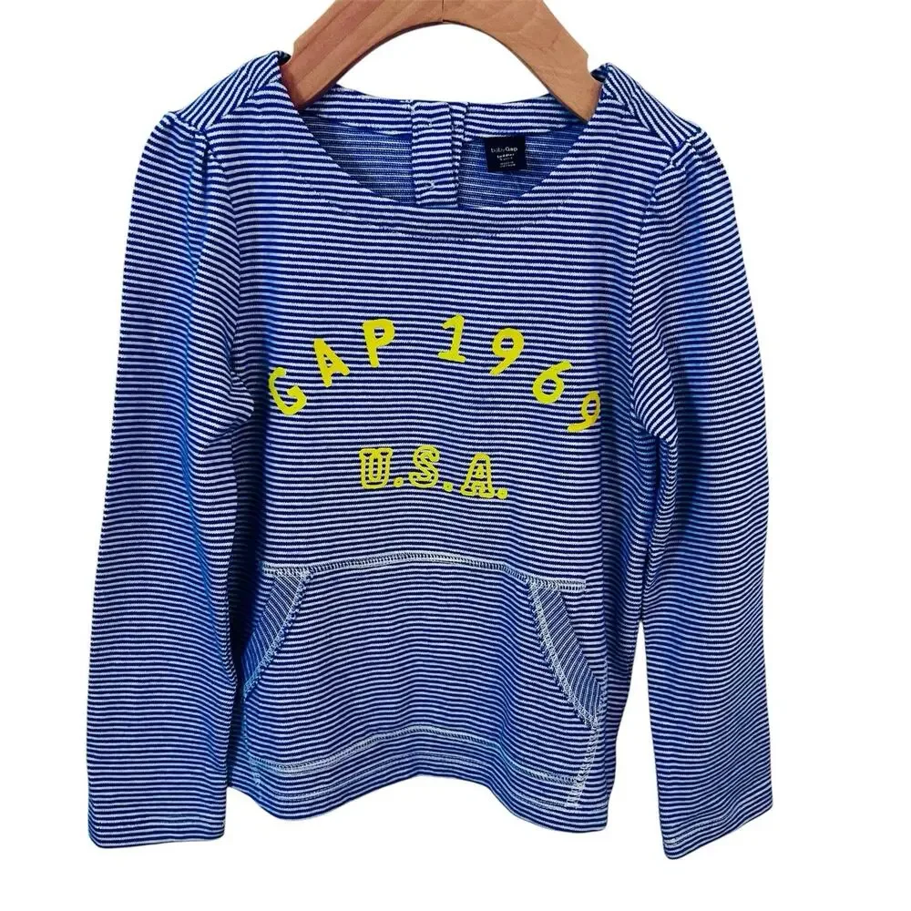 Gap Kids Long Sleeve Striped Shirt NWT Size 5 Blue White Cotton Kangaroo Pocket